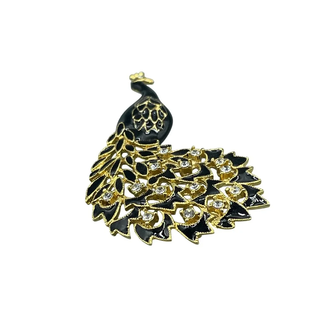 Vintage Gold Tone Black Enamel‎ Peacock Brooch Rhinestone Bird Pin Jewelry